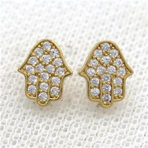 copper hamsahand Stud Earrings pave zircon, gold plated, approx 8-10mm