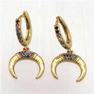 copper crescent Hoop Earrings pave zircon, gold plated, approx 14mm dia