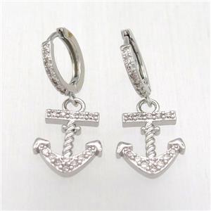 copper anchor Hoop Earrings pave zircon, platinum plated, approx 15-20mm, 14mm dia