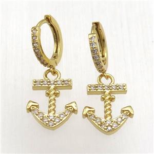 copper anchor Hoop Earrings pave zircon, gold plated, approx 15-20mm, 14mm dia