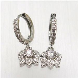 copper lotus Hoop Earrings pave zircon, platinum plated, approx 9mm, 14mm dia