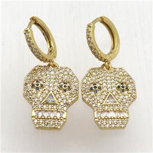 copper skull Hoop Earrings pave zircon, gold plated, approx 16-20mm, 14mm dia