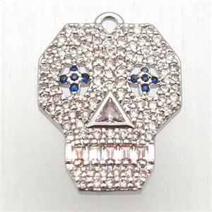 copper skull pendant pave zircon, platinum plated, approx 16-20mm