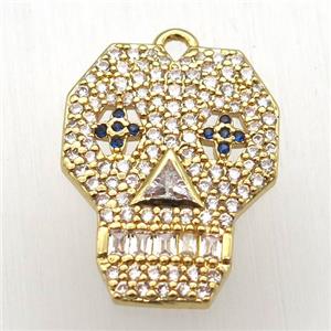 copper skull pendant pave zircon, gold plated, approx 16-20mm