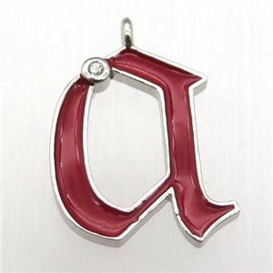 copper letter-A pendant pave zircon, red Enameling, platinum plated, approx 15-20mm