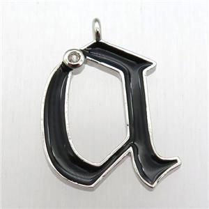 copper letter-A pendant pave zircon, black Enameling, platinum plated, approx 15-20mm