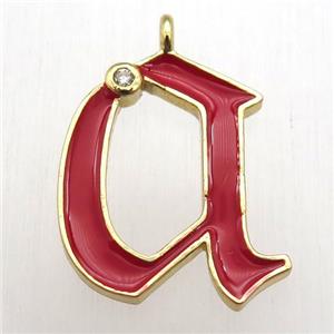 copper letter-A pendant pave zircon, red Enameling, gold plated, approx 15-20mm