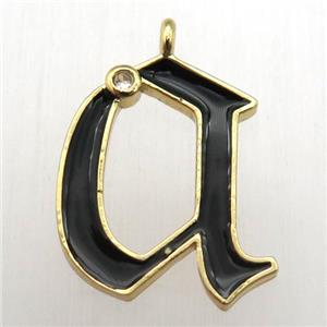 copper letter-A pendant pave zircon, black Enameling, gold plated, approx 15-20mm