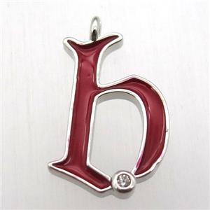 copper letter-B pendant pave zircon, red Enameling, platinum plated, approx 15-20mm