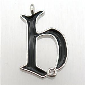 copper letter-B pendant pave zircon, black Enameling, platinum plated, approx 15-20mm