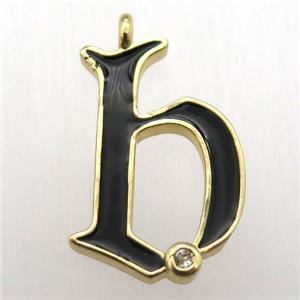 copper letter-B pendant pave zircon, black Enameling, gold plated, approx 15-20mm