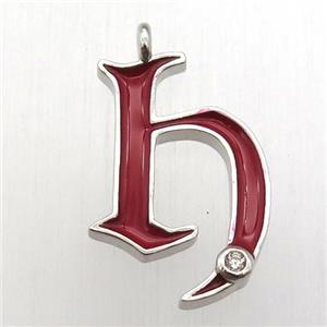 copper letter-H pendant pave zircon, red Enameling, platinum plated, approx 15-20mm