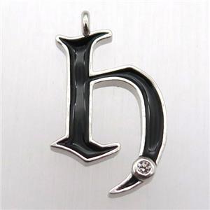 copper letter-H pendant pave zircon, black Enameling, platinum plated, approx 15-20mm