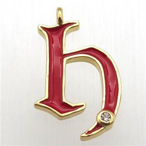 copper letter-H pendant pave zircon, red Enameling, gold plated, approx 15-20mm