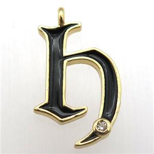 copper letter-H pendant pave zircon, black Enameling, gold plated, approx 15-20mm