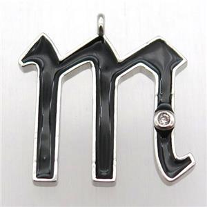copper letter-M pendant pave zircon, black Enameling, platinum plated, approx 15-20mm