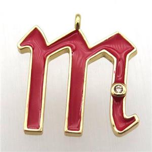 copper letter-M pendant pave zircon, red Enameling, gold plated, approx 15-20mm