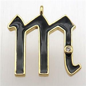 copper letter-M pendant pave zircon, black Enameling, gold plated, approx 15-20mm