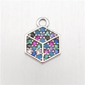copper hexagon pendant paved zircon, platinum plated, approx 8mm