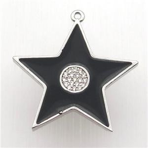 copper star pendant paved zircon, black enameling, platinum plated, approx 30mm dia
