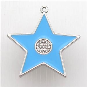 copper star pendant paved zircon, blue enameling, platinum plated, approx 30mm dia