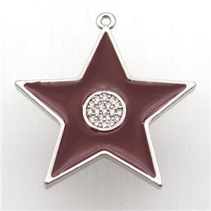 copper star pendant paved zircon, red enameling, platinum plated, approx 30mm dia