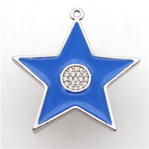 copper star pendant paved zircon, blue enameling, platinum plated, approx 30mm dia