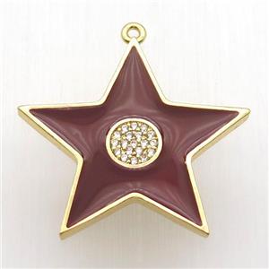 copper star pendant paved zircon, red enameling, gold plated, approx 30mm dia