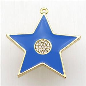 copper star pendant paved zircon, blue enameling, gold plated, approx 30mm dia