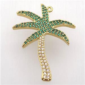 copper coconut tree pendant paved zircon, gold plated, approx 30-38mm