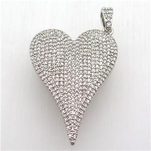 copper heart pendant paved zircon, platinum plated, approx 30-40mm