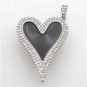copper heart pendant paved zircon, black enameling, platinum plated, approx 30-40mm