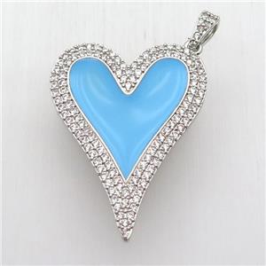 copper heart pendant paved zircon, blue enameling, platinum plated, approx 30-40mm