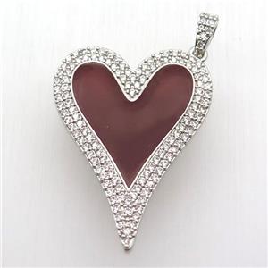 copper heart pendant paved zircon, red enameling, platinum plated, approx 30-40mm