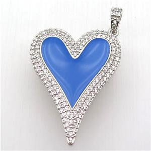 copper heart pendant paved zircon, blue enameling, platinum plated, approx 30-40mm