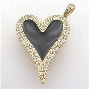 copper heart pendant paved zircon, black enameling, gold plated, approx 30-40mm