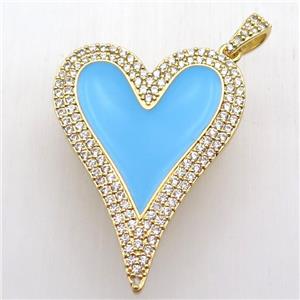 copper heart pendant paved zircon, blue enameling, gold plated, approx 30-40mm