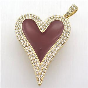 copper heart pendant paved zircon, red enameling, gold plated, approx 30-40mm