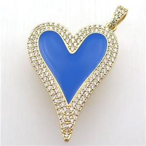 copper heart pendant paved zircon, blue enameling, gold plated, approx 30-40mm