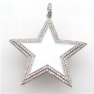 copper star pendant paved zircon, white enameling, platinum plated, approx 45mm dia