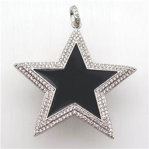 copper star pendant paved zircon, black enameling, platinum plated, approx 45mm dia