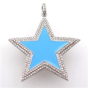 copper star pendant paved zircon, blue enameling, platinum plated, approx 45mm dia