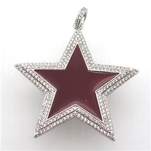 copper star pendant paved zircon, red enameling, platinum plated, approx 45mm dia