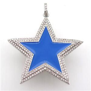 copper star pendant paved zircon, blue enameling, platinum plated, approx 45mm dia