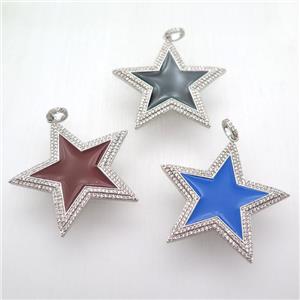 copper star pendant paved zircon, enameling, platinum plated, mixed, approx 45mm dia