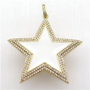 copper star pendant paved zircon, white enameling, gold plated, approx 45mm dia