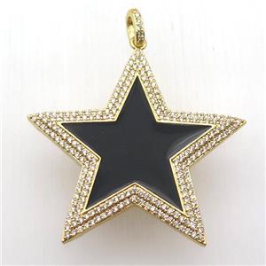 copper star pendant paved zircon, black enameling, gold plated, approx 45mm dia