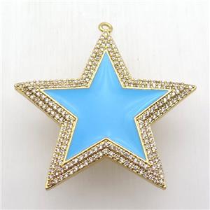 copper star pendant paved zircon, blue enameling, gold plated, approx 45mm dia