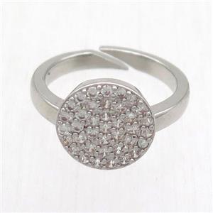 copper Ring paved zircon, resizable, circle, platinum plated, approx 12mm, 17mm dia