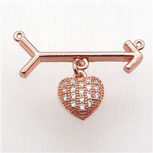 copper arrow pendant, heart, rose gold, approx 10mm, 10-28mm